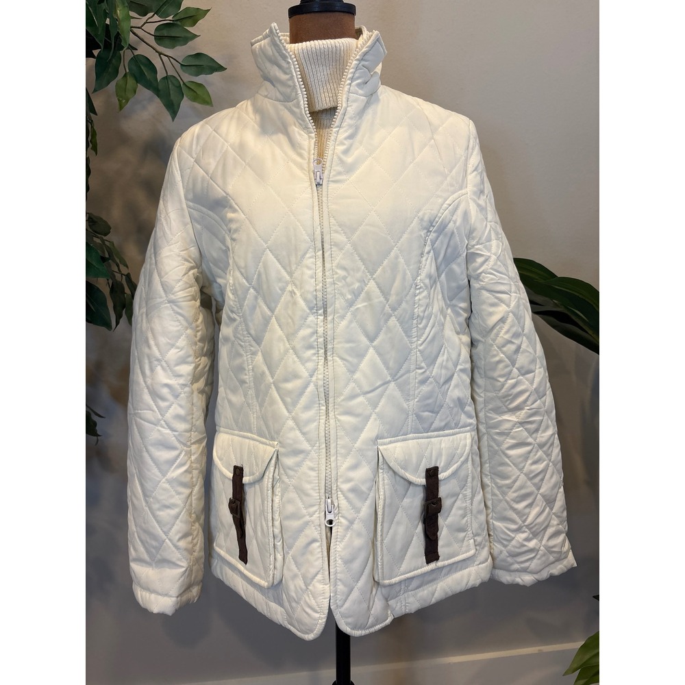 Chadwicks Quilted Jacket White Stand Collar Buckle Pocket Womens Size‎ S